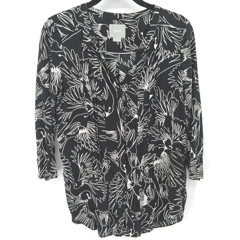 Maeve Blouse Women 0 Black Bird Print Pleated V-Neck‎ 3/4 Sleeve Anthropologie